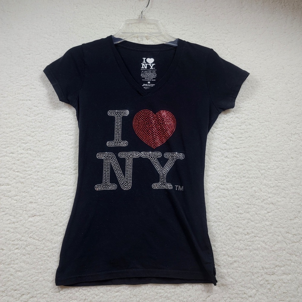 I LOVE NY T-Shirt Womens Medium Black Rhinestone V-Neck Short Sleeve Tee Bling